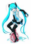  aqua_hair blue_eyes boots detached_sleeves full_body ground_vehicle hatsune_miku headphones long_hair necktie riding skirt solo tears thigh_boots thighhighs twintails unicycle very_long_hair vocaloid white_background yuta1147 