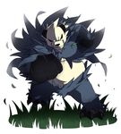  fangs gen_6_pokemon grass highres leaf no_humans panda pangoro pokemon pokemon_(creature) shishiko_(dlion0000) straw_(stalk) white_background 