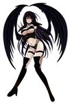  belt black_gloves black_hair black_panties black_wings boots breast_hold breasts covered_nipples elbow_gloves gloves high_heels high_school_dxd highres large_breasts long_hair navel panties purple_eyes raynare revealing_clothes shoulder_pads smile solo thigh_boots thighhighs thong underwear very_long_hair white_background wings yxyyxy 