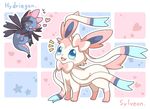  :d blue_eyes bow bowtie english flying gen_5_pokemon gen_6_pokemon heart hydreigon no_humans open_mouth pink_bow pink_neckwear pokemon pokemon_(creature) ribbon size_difference smile star sylveon 