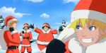  4boys belt black_hair bleach blonde_hair blue_eyes blue_sky christmas cloud crossover dragon_ball dragonball_z eyes_closed field grin hat kurosaki_ichigo looking_at_another monkey_d_luffy multiple_boys naruto_(series) official_style one_piece orange_hair outdoors outstretched_arms santa_costume santa_hat shounen_jump sky smile snow son_gokuu uzumaki_naruto 