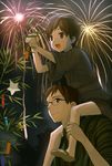  bad_id bad_pixiv_id brown_eyes brown_hair carrying father_and_son fireworks glasses highres japanese_clothes male_focus multiple_boys night original shoulder_carry sky smile tanabata tanzaku yuki_(vicious) 