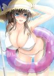  absurdres arm_up bare_shoulders beach bikini blue_eyes breasts brown_hair cleavage day hat highres huge_breasts innertube leaning_forward long_hair muutsu_(maxwell0916) navel original pale_skin side-tie_bikini smile solo straw_hat sun_hat sunlight sweat swimsuit white_bikini 