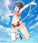  ass_visible_through_thighs black_hair blue_eyes blush bow cloud day flat_chest hair_bow hip_vent jumping kunihiro_hajime looking_at_viewer midriff navel outstretched_arms ponytail revealing_clothes saki short_hair single_thighhigh skirt sky smile solo spread_arms star thighhighs umyonge_(lkakeu) 