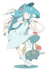  backpack bag blue_eyes blue_hair boots chinchou full_body gen_2_pokemon hair_bobbles hair_ornament hat kawashiro_nitori key koukou_(climacool) poke_ball poke_ball_(generic) pokemon pokemon_(creature) short_hair simple_background skirt skirt_set touhou two_side_up white_background 