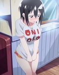  1girl absurdres black_hair blood_lad blue_eyes blush boxer_shorts boxers breasts covering covering_chest embarrassed highres large_breasts screencap shirt short_hair solo t-shirt triangular_headpiece underwear yanagi_fuyumi 