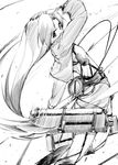  belt boots cable crossover dual_wielding greyscale holding idolmaster idolmaster_(classic) kaisen_chuui kisaragi_chihaya long_hair long_sleeves monochrome pants shingeki_no_kyojin solo sword thigh_strap three-dimensional_maneuver_gear uniform very_long_hair weapon 