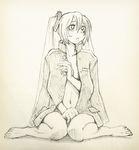  barefoot coat collarbone full_body hatsune_miku long_hair looking_afar monochrome naked_coat navel open_clothes open_coat simple_background sitting sketch solo tears toenails traditional_media twintails very_long_hair vocaloid wariza wokada 