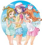  :d animal animal_on_head baritone_(suite_precure) bassdrum beach blue_eyes blue_sky cat cat_on_head cloud day dress falsetto_(suite_precure) green_eyes green_hair half_updo hand_on_shoulder hat holding_hands houjou_hibiki hummy_(suite_precure) kurochiroko kurokawa_eren looking_back minamino_kanade multiple_girls ocean on_head open_mouth orange_hair precure purple_hair seiren_(suite_precure) skirt sky smile suite_precure two_side_up yellow_eyes 