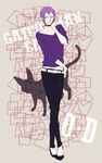  androgynous belt buckle cat choker collarbone crossed_legs gatchaman_crowds high_heels kiwwa9 long_sleeves looking_at_viewer o.d. pants purple_hair shirt shoes standing t-shirt 