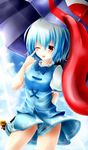  ;p akaikonomi bad_id bad_pixiv_id blue_hair blush highres karakasa_obake one_eye_closed purple_umbrella red_eyes short_hair short_sleeves skirt smile solo tatara_kogasa tongue tongue_out touhou umbrella vest 