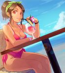  beach bikini breasts brown_hair cleavage cloud day drink drinking_straw flower looking_at_viewer medium_breasts null_(chronix) ocean original outdoors ponytail red_bikini red_eyes short_hair sitting sky smile solo swimsuit table tropical_drink 