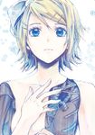  android aqua_eyes blonde_hair hair_ornament hair_ribbon hairclip kagamine_rin mayumelo mechanical_arm mechanical_parts nude ribbon short_hair solo vocaloid 