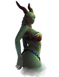  bra breasts brown_eyes clothed clothing detailed dragon female green_body hairless hattonslayden horn panties plain_background scalie side_view skimpy solo standing thighs underwear white_background 
