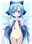  :o blue_eyes blue_hair blush bow cirno dress hair_bow ice ice_wings looking_at_viewer maturiuta_sorato navel open_clothes open_mouth panties short_hair side-tie_panties solo touhou underwear white_panties wings 