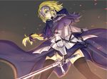  akashiro_sen androgynous armor armored_dress black_legwear blonde_hair blue_dress blue_eyes braid breasts dress fate/apocrypha fate_(series) gauntlets headpiece holding holding_sword holding_weapon jeanne_d'arc_(fate) jeanne_d'arc_(fate)_(all) large_breasts legs long_hair long_sleeves short_hair single_braid solo standing sword thighhighs thighs weapon 