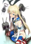  absurdres bad_id bad_pixiv_id blonde_hair blue_eyes elbow_gloves fukurou_(suga0930) gloves highres kantai_collection long_hair looking_at_viewer rensouhou-chan shimakaze_(kantai_collection) sitting skirt smile solo striped striped_legwear thighhighs wariza 