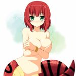  bad_id bad_pixiv_id blush borubomu bracelet breasts cleavage covering covering_breasts green_eyes jewelry lamia medium_breasts monster_girl navel nude original red_hair scales short_hair solo 