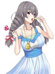  blush breasts candy cleavage collarbone drill_hair food idolmaster idolmaster_cinderella_girls jewelry ky_kosuke large_breasts locket lollipop looking_at_viewer off_shoulder open_mouth pendant purple_eyes sakakibara_satomi silver_hair sleeveless solo tongue twin_drills twintails white_background 