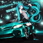  aqua_eyes aqua_hair bad_id bad_pixiv_id boots car character_name detached_sleeves ground_vehicle hatsune_miku headphones long_hair motor_vehicle necktie ntw-20_(artist) skirt solo thigh_boots thighhighs toyota toyota_corolla twintails very_long_hair vocaloid 
