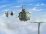  airship aoi_waffle artist_name banner battle cannon cloud cloudy_sky dated explosion flag flying highres no_humans original sky 