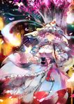  bad_id bad_pixiv_id bug butterfly butterfly_on_hand cherry_blossoms fan folding_fan hair_ornament hat highres insect lantern petals pink_eyes pink_hair saigyouji_yuyuko short_hair smile solo touhou triangular_headpiece vima 