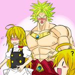  1girl black_eyes blonde_hair blush bracelet broly crossover dora_v_nu dragon_ball dragon_ball_z dress earrings happy image_sample jewelry kirisame_marisa legendary_super_saiyan muscle necklace nicoseiga_sample puffy_sleeves ribbon spiked_hair super_saiyan touhou yellow_eyes yukkuri_shiteitte_ne 