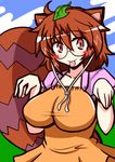  :p animal_ears blush_stickers breasts brown_eyes brown_hair futatsuiwa_mamizou glasses large_breasts leaf leaf_on_head raccoon_ears raccoon_tail rindou_(p41neko) solo tail tongue tongue_out touhou 