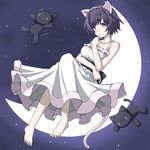  animal_ears bakemonogatari black_hair cat cat_ears cat_tail crescent_moon dress hanekawa_tsubasa highres looking_at_viewer monogatari_(series) moon nekomonogatari no_eyewear purple_eyes ribbon short_hair solo star_(sky) starry_moon stuffed_animal stuffed_cat stuffed_toy tail yoruusagi 