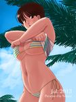  beach bikini breasts brown_eyes brown_hair day from_below highres large_breasts nokaze_koyama original short_hair solo swimsuit underboob undressing 