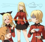  :d =_= assam blonde_hair blue_eyes braid churchill_(tank) darjeeling earl_grey_(girls_und_panzer) girls_und_panzer ground_vehicle hair_ribbon hair_slicked_back long_hair military military_uniform military_vehicle motor_vehicle multiple_girls necktie open_mouth orange_pekoe ribbon shaded_face short_hair smile spit_take spitting st._gloriana's_military_uniform tank uniform yudoufu_(yudouhu) 