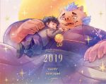  2019 anthro boar chubby_protagonist_(tas) clothed clothing duo english_text eyes_closed gouryou human humanoid_hands lagoon_bluebear male mammal mohawk overweight overweight_male pants porcine protagonist_(tas) shirt simple_background text tokyo_afterschool_summoners tusks video_games 