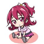  aida_mana bike_shorts blush chibi dokidoki!_precure eyelashes flipped_hair half_updo on_floor outstretched_leg pink_eyes pink_hair precure short_hair sitting solo zerusu03 