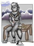  anthro axe bench canine cum dog fur grey_fur husky kena logs male mammal masturbation mountain north orgasm penis sheath solo straps weapon white_fur 