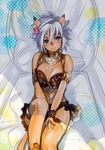  animal_ears armband bed breasts cleavage collar doraeshi final_fantasy final_fantasy_xi flower hair_flower hair_ornament highres looking_at_viewer medium_breasts midriff mithra on_bed purple_eyes short_hair silver_hair sitting sitting_on_bed smile solo summer tail thigh_strap 