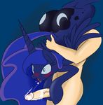  bestiality blue_eyes blue_feathers blue_fur blue_hair blush cutie_mark equine female feral friendship_is_magic fur hair horn horse human interspecies male mammal my_little_pony oral oral_sex penis pony princess_luna_(mlp) sex straight winged_unicorn wings zev 