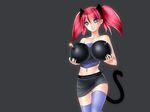  animal_ears bomb bomberman breasts cat_ears cat_tail clothes_writing panties purple_eyes red_hair small_breasts smile solo sports_bra tail thighhighs underwear white_panties 