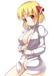  blonde_hair blush bottomless breasts cleavage covered_nipples dress_shirt hair_ribbon highres large_breasts long_sleeves looking_at_viewer nakamura_kusata naked_shirt no_bra open_clothes open_shirt red_eyes ribbon rumia shirt short_hair simple_background sketch solo teenage touhou white_background 