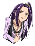  bad_id bad_pixiv_id black_bra bra breasts buckle cleavage collarbone green_eyes heart heart_necklace jewelry kurokawa_eren long_hair long_sleeves necklace one_side_up open_clothes open_vest precure pulled_by_self purple_hair purple_shirt scrunchie seiren_(suite_precure) shirt shirt_pull simple_background small_breasts smirk solo suite_precure tesu underwear vest white_background 