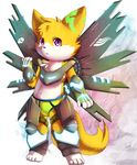  4_fingers armor blush cub fur male open_mouth purple_eyes ruugiaruu solo underwear white_fur wings yellow_fur young 