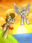  amber_eyes blonde_hair blue_eyes britishstarr brown_fur brown_hair cloud clouds cute derp_eyes derpy_hooves_(mlp) doctor_whooves_(mlp) duo equine female feral flying friendship_is_magic fur grass grey_fur hair horse looking_at_viewer male mammal mouth_hold my_little_pony necktie open_mouth outside pegasus pony short_hair signature smile sonic_screwdriver spread_wings sun tongue wings 