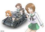  akiyama_yukari black_hair brown_eyes brown_hair caterpillar_tracks chibi emblem girls_und_panzer green_skirt ground_vehicle isuzu_hana kotaken long_hair military military_vehicle motor_vehicle multiple_girls nishizumi_miho ooarai_(emblem) ooarai_school_uniform panzerkampfwagen_iv pleated_skirt reizei_mako school_uniform serafuku short_hair skirt takebe_saori tank 