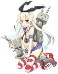  &gt;_&lt; 1girl amagai_tarou bare_shoulders blonde_hair boots bow breasts closed_eyes elbow_gloves gloves green_eyes grey_footwear hair_bow highres kantai_collection lifebuoy long_hair miniskirt nipples open_mouth rensouhou-chan sailor_collar shimakaze_(kantai_collection) skirt small_breasts solo striped striped_legwear sweat tears thighhighs torn_clothes torn_legwear turret white_gloves 