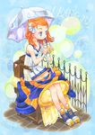  bad_id bad_pixiv_id bag blue_eyes blush cup dress drinking drinking_straw glass hair_ornament orange_hair orange_juice orangina personification shoes short_hair sitting skirt solo umbrella wristband yamisawa 