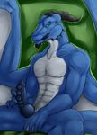  abs anthro balls beard biceps big_muscles big_penis black_hair blue_body blue_dragon blue_penis blue_skin blue_tongue claws cypher dragon erection facial_hair goatee green_eyes green_skin grey_skin hair horn knot looking_at_viewer male masturbation muscles naughty_face nude pecs penis pose presenting reptile scales scalie sheath sitting slit solo spread_legs spreading toned tongue wings yummyv1rus 
