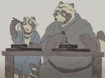  2017 anthro aotadobukitch canine clothed clothing duo eating food humanoid_hands male mammal simple_background sitting tanuki young 