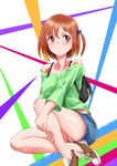  backpack bag brown_eyes brown_hair hataraku_maou-sama! lyrical_denko panties sasaki_chiho short_hair simple_background skirt solo two_side_up underwear 