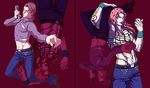  bad_id bad_pixiv_id diavolo freckles highres jojo_no_kimyou_na_bouken long_hair midriff multiple_boys phone pink_hair purple_hair rumetsu_(yasui6) vinegar_doppio 