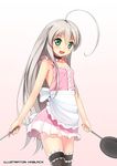  :d ahoge apron black_legwear collarbone dress eyebrows eyebrows_visible_through_hair garters green_eyes grey_hair haiyore!_nyaruko-san holding kuro-kun_(nablack) long_hair looking_at_viewer neck_garter nyarlathotep_(nyaruko-san) open_mouth pink_dress smile solo thighhighs white_apron 