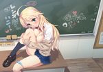  ahoge ai_ai_gasa areolae bad_id bad_pixiv_id blonde_hair blue_panties blush breasts breasts_outside cardigan chalk chalkboard green_eyes heart hoshii_miki idolmaster idolmaster_(classic) large_breasts leg_up long_hair looking_at_viewer maru_(sara_duke) nail_polish off_shoulder open_clothes open_shirt panties panties_around_one_leg parted_lips partially_translated pussy_juice school_uniform shirt shoes skirt smile socks solo translation_request underwear 